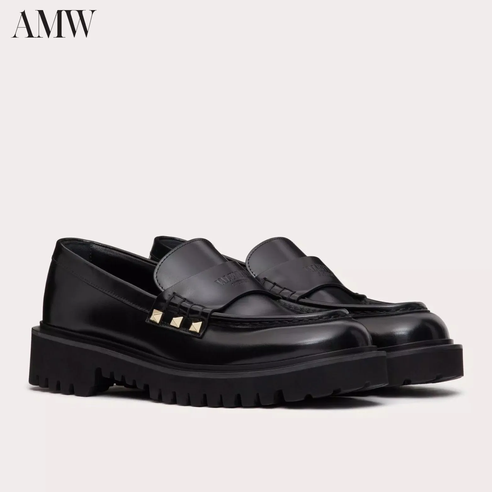 VALENTINO Leather Rockstud Loafers with Logo Detail