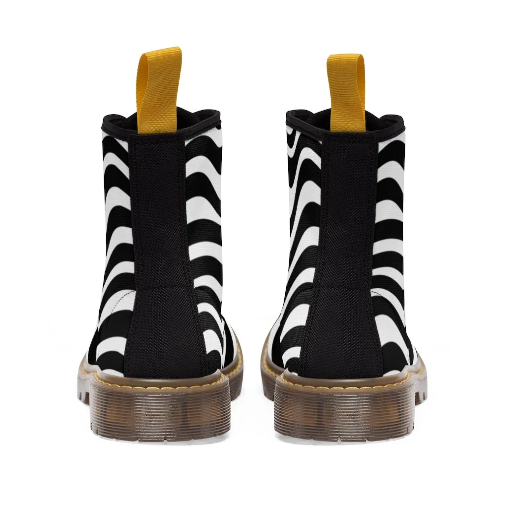 Wavy Striped Women's Canvas Boots, Modern White Black Stripes Print Winter Boots For Ladies