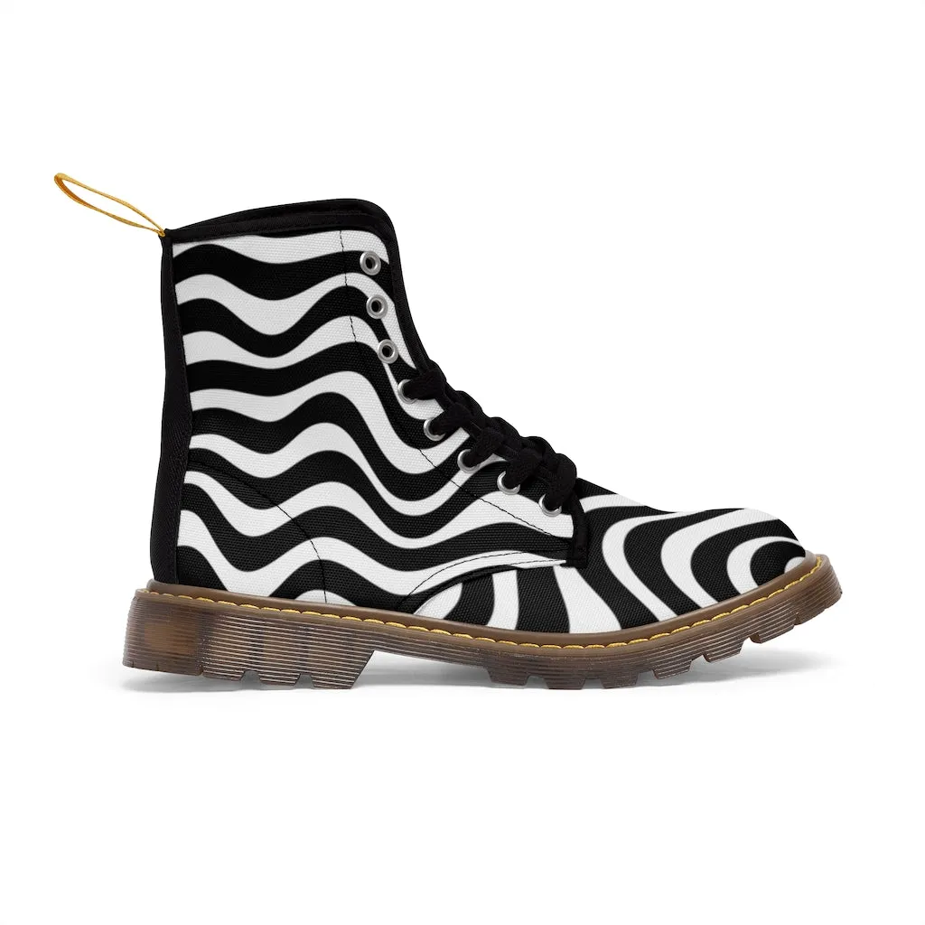 Wavy Striped Women's Canvas Boots, Modern White Black Stripes Print Winter Boots For Ladies