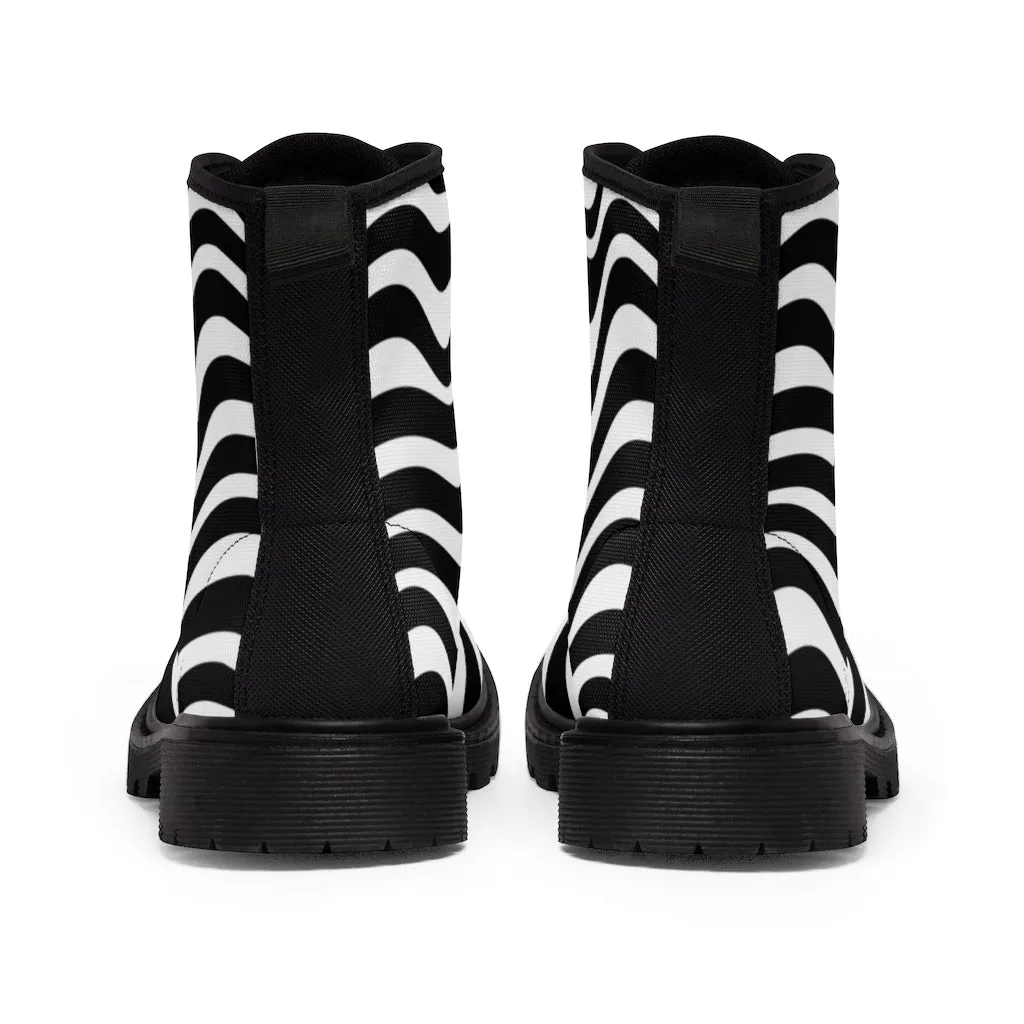 Wavy Striped Women's Canvas Boots, Modern White Black Stripes Print Winter Boots For Ladies