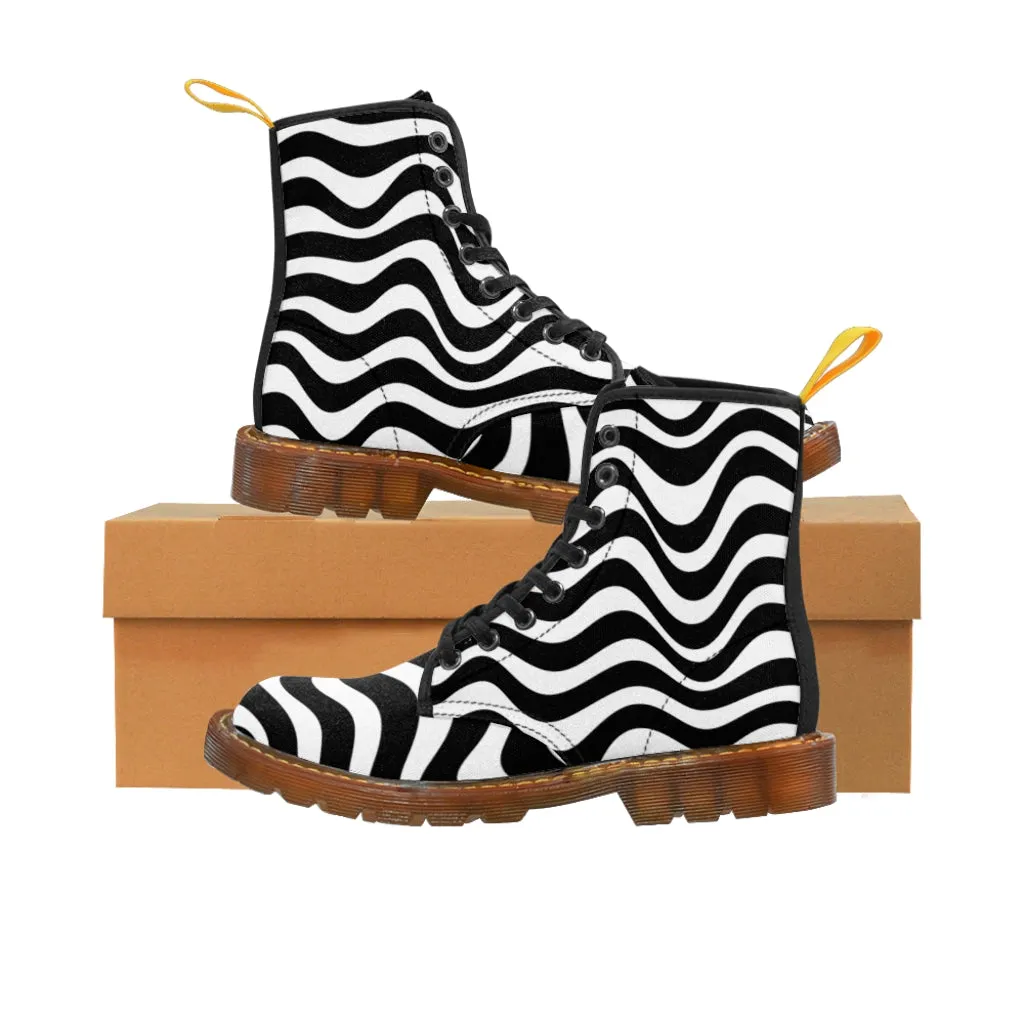 Wavy Striped Women's Canvas Boots, Modern White Black Stripes Print Winter Boots For Ladies