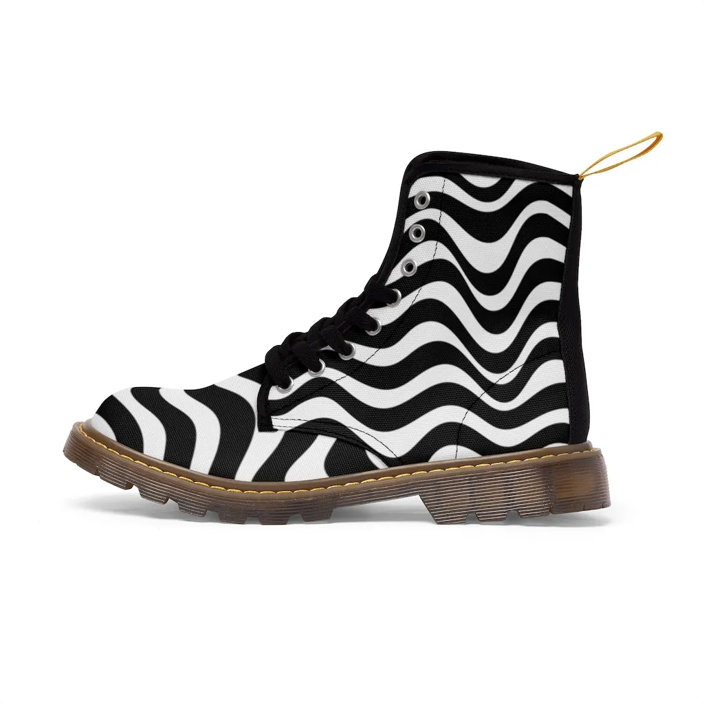 Wavy Striped Women's Canvas Boots, Modern White Black Stripes Print Winter Boots For Ladies