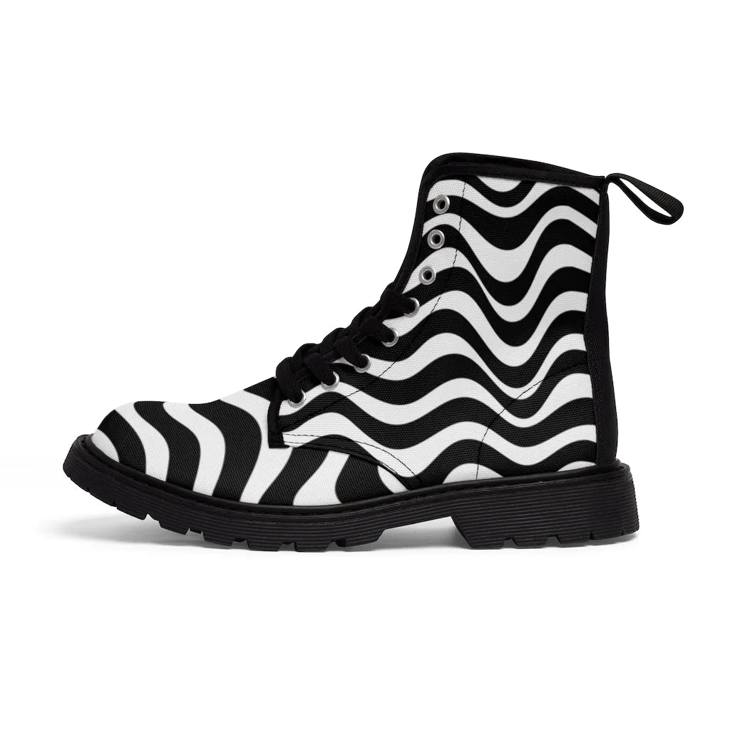 Wavy Striped Women's Canvas Boots, Modern White Black Stripes Print Winter Boots For Ladies