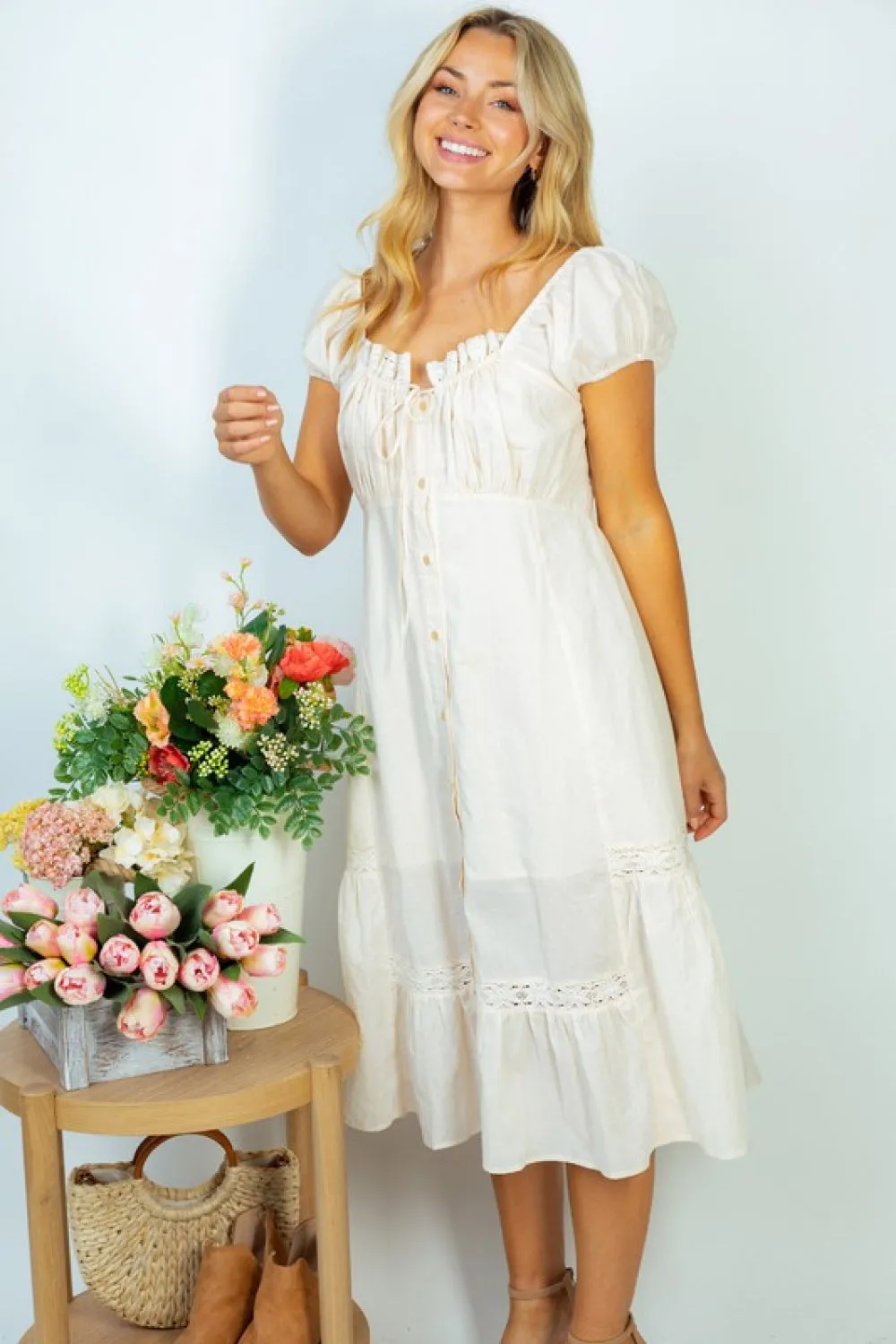 White Birch Flower Market Full Size Lace Trim Midi Dress