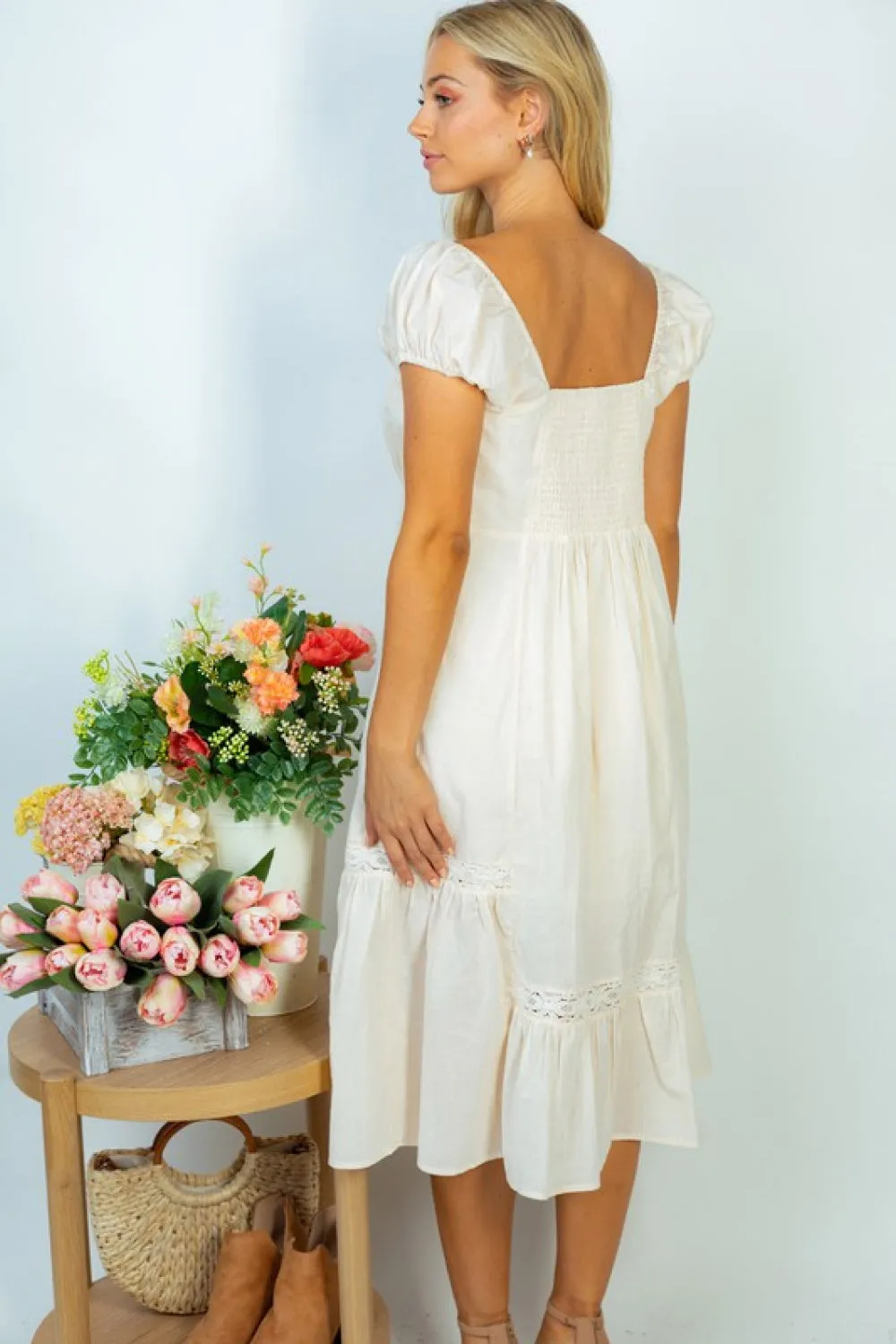 White Birch Flower Market Full Size Lace Trim Midi Dress