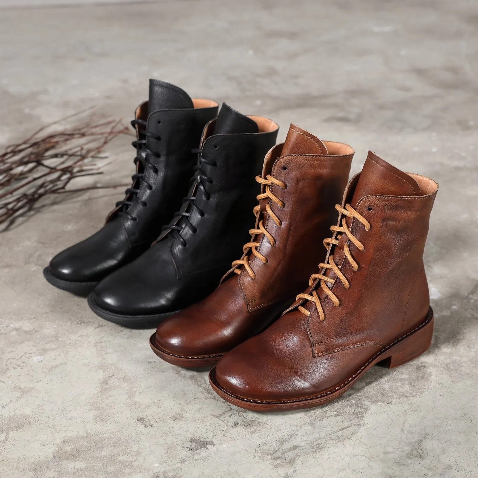 Winter Boots Handmade Genuine Leather Lace-Up Combat Boots Retro Martin Boots Chunky Ankle Boots Black/Coffee