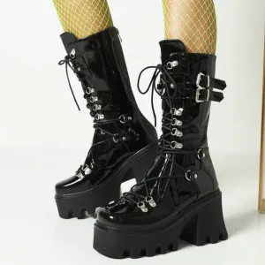 Women black motorcycle boots | Mid calf combat lace up buckle strap chunky platform boots