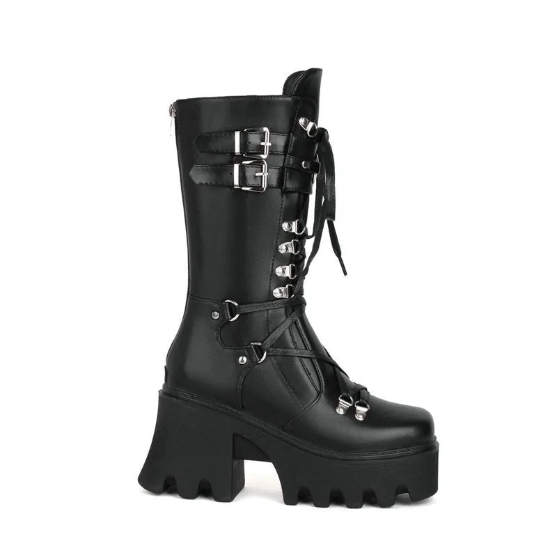 Women black motorcycle boots | Mid calf combat lace up buckle strap chunky platform boots