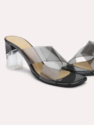 Women Black Transparent Open Toe Block Heels