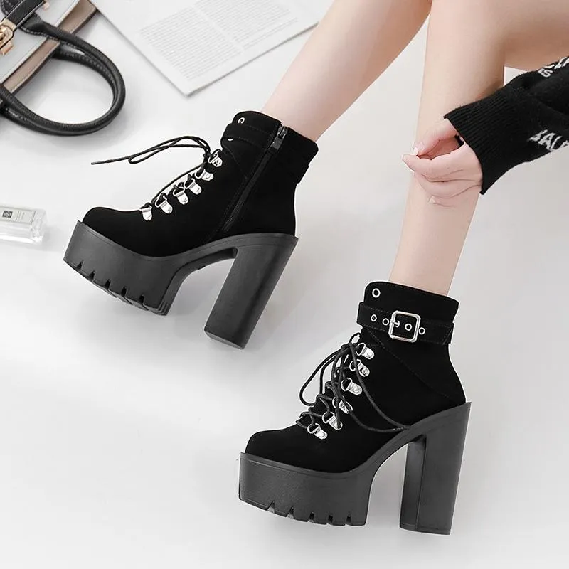 Women fashion buckle strap chunky heel platform lace up combat boots