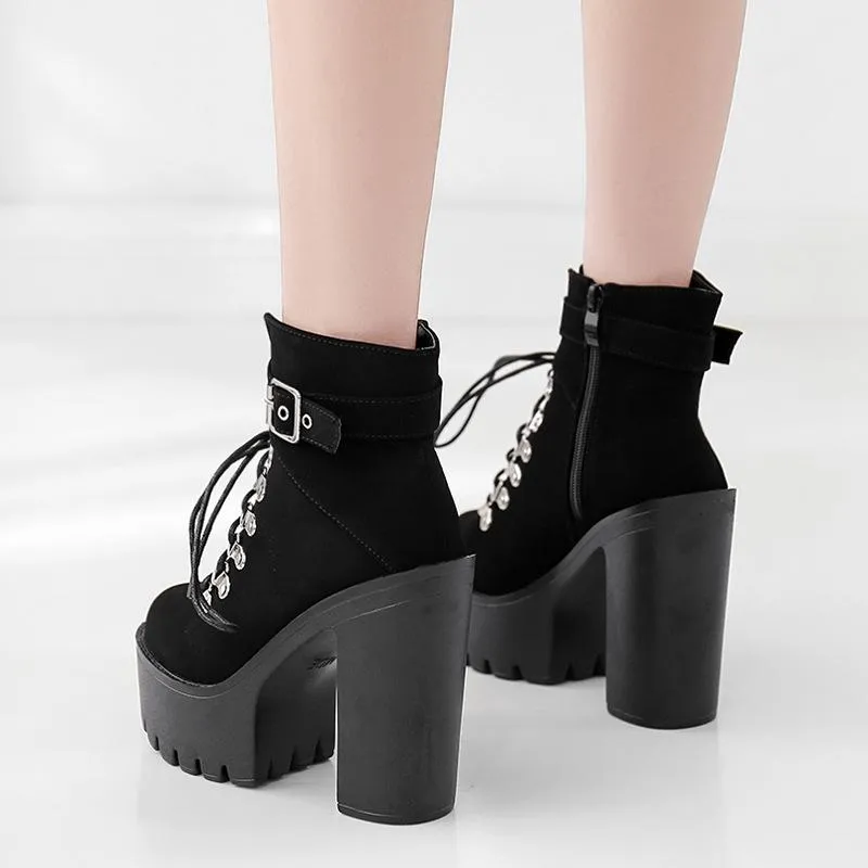 Women fashion buckle strap chunky heel platform lace up combat boots