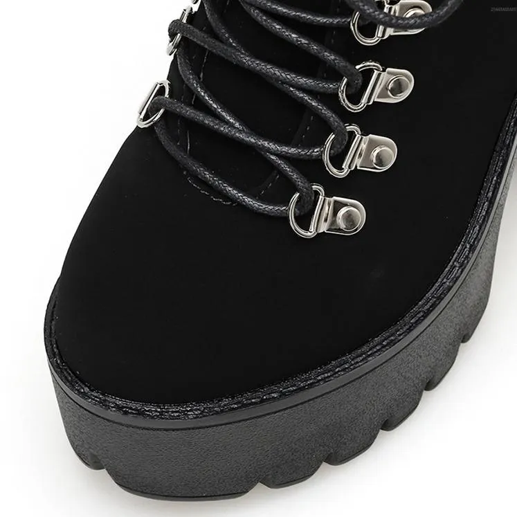 Women fashion buckle strap chunky heel platform lace up combat boots