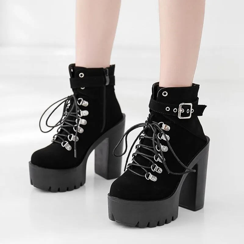 Women fashion buckle strap chunky heel platform lace up combat boots