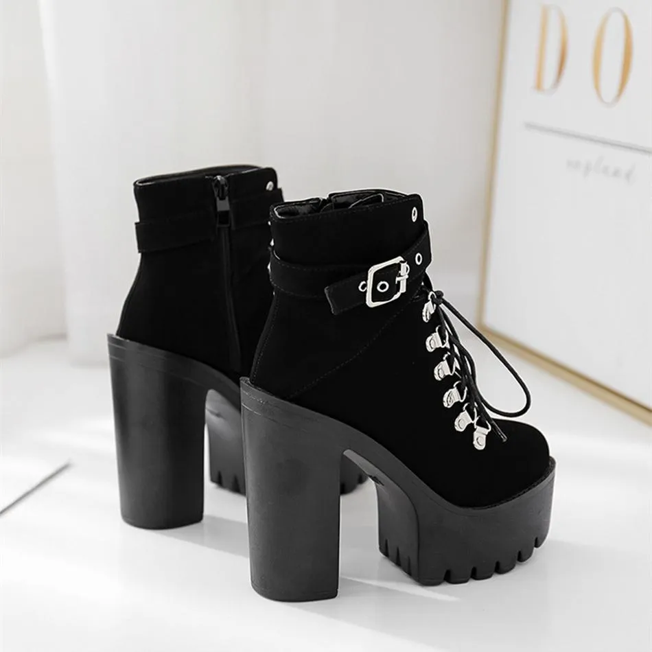 Women fashion buckle strap chunky heel platform lace up combat boots