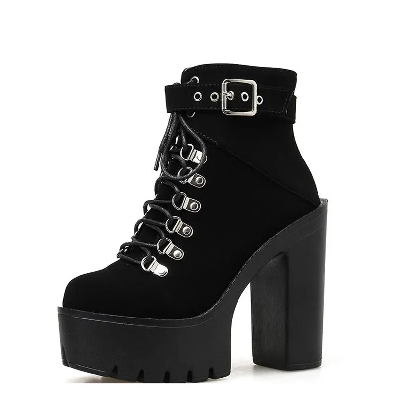 Women fashion buckle strap chunky heel platform lace up combat boots