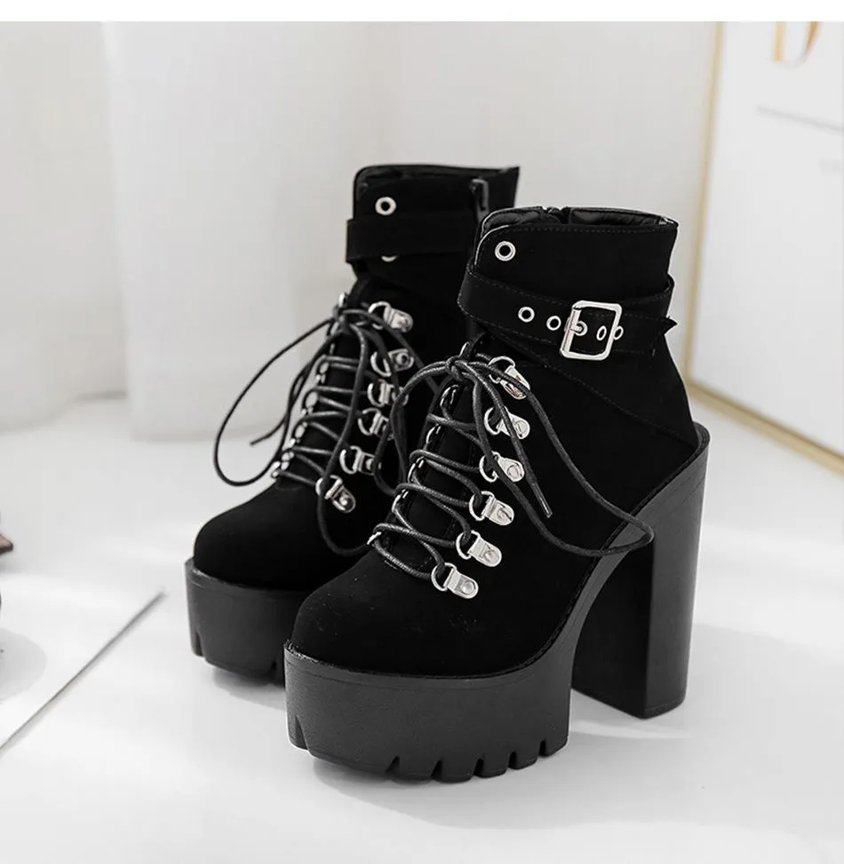 Women fashion buckle strap chunky heel platform lace up combat boots