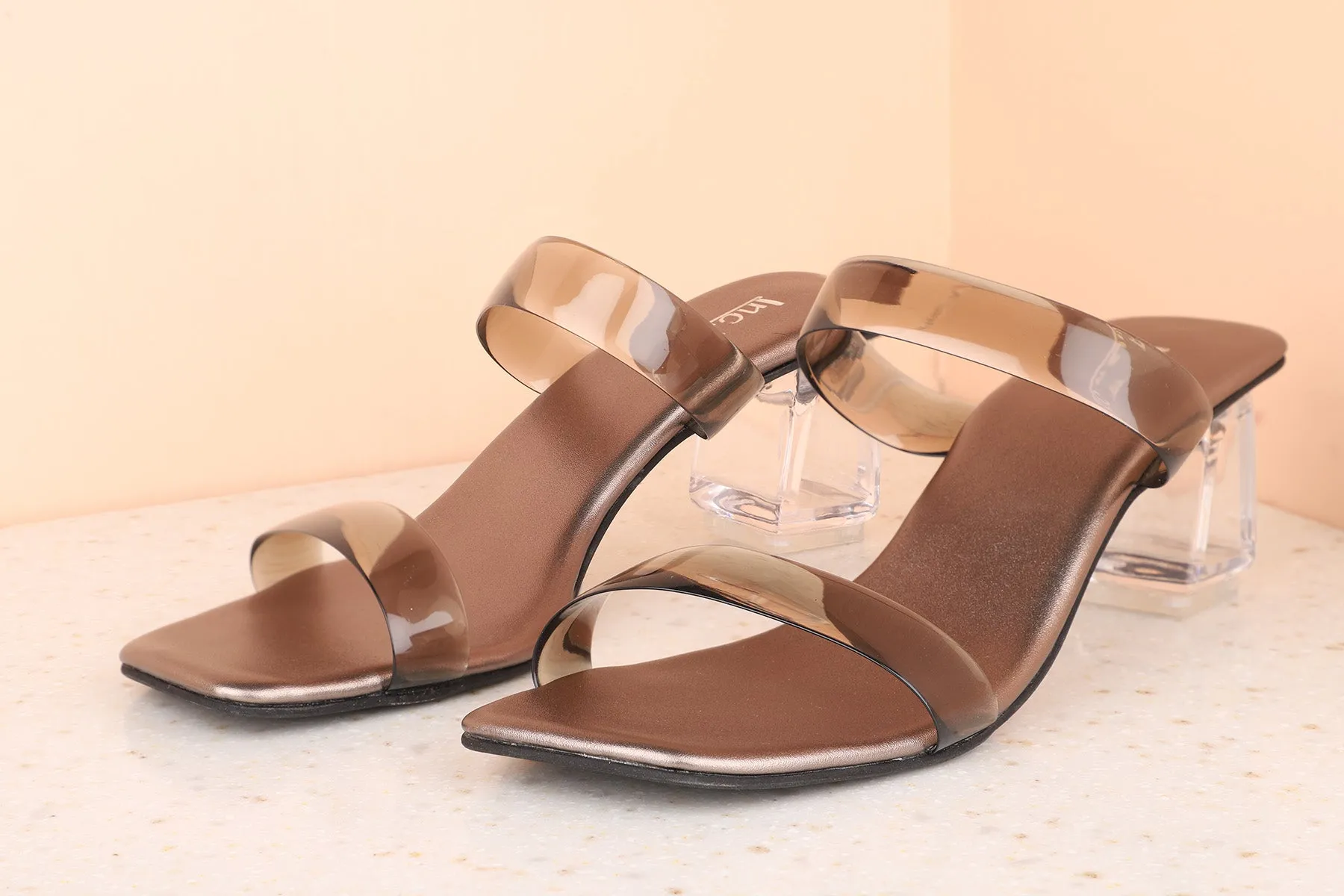 Women Pewter Transparent Block Heel Sandals