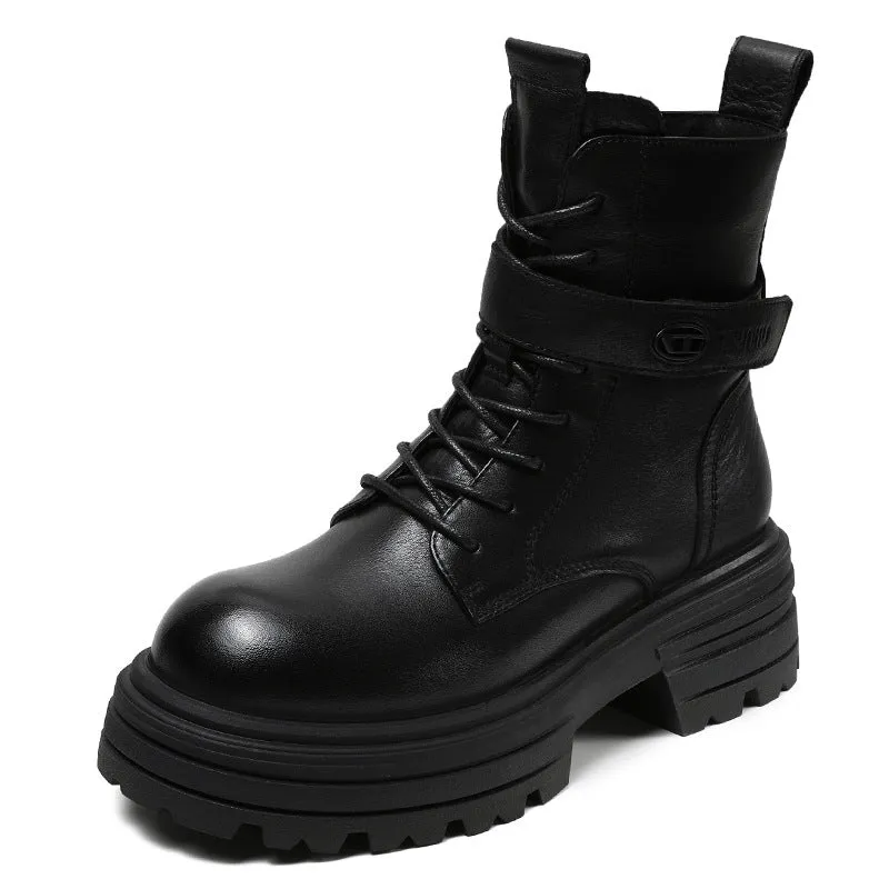 Women Retro Leather Thick Soled Combat Boots