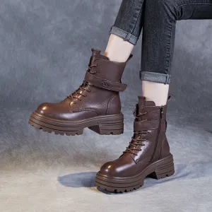 Women Retro Leather Thick Soled Combat Boots