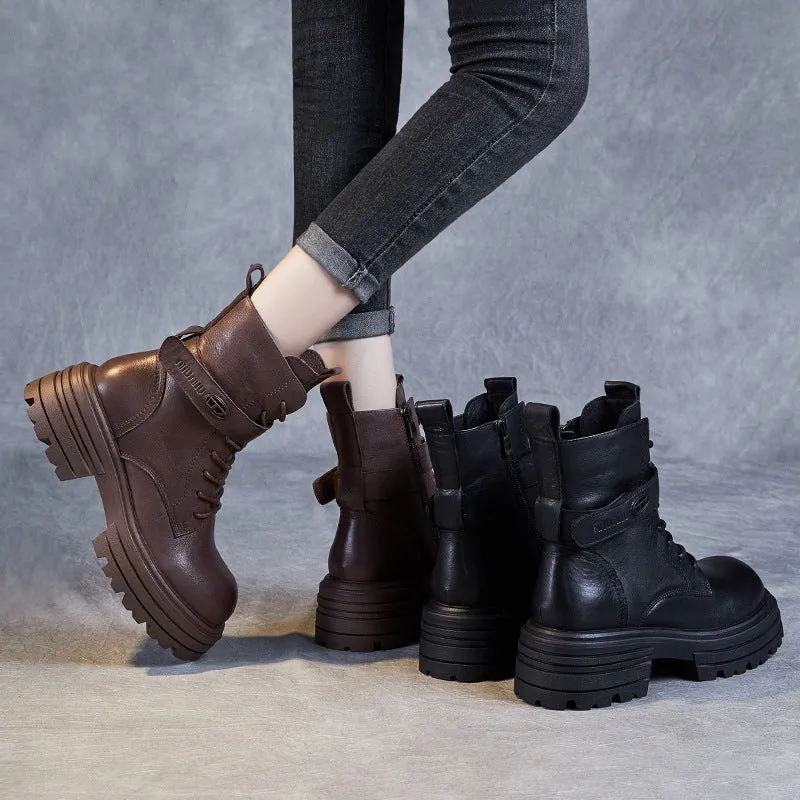 Women Retro Leather Thick Soled Combat Boots