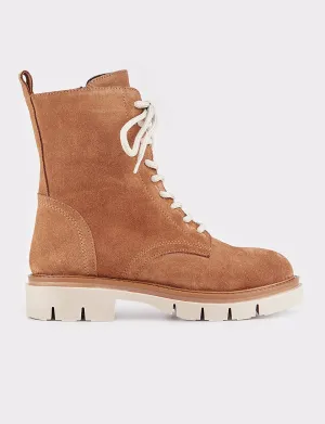 Women Tan Suede Genuine Leather Combat Boots