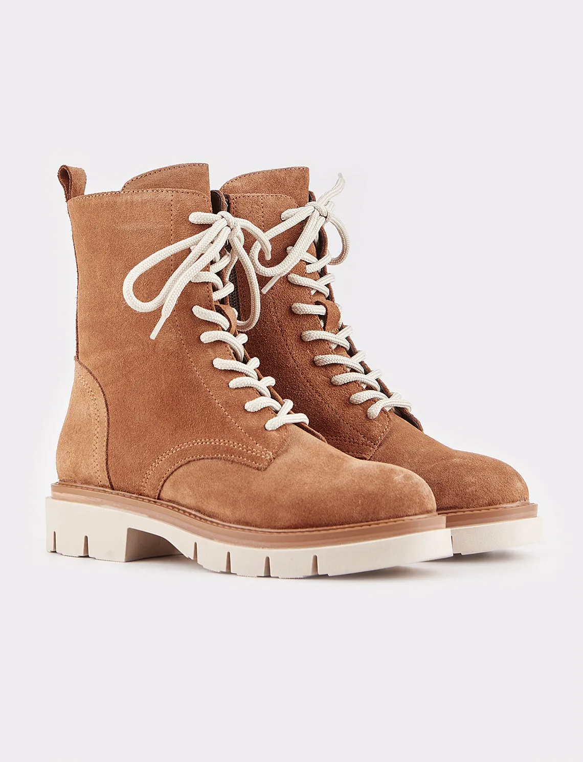 Women Tan Suede Genuine Leather Combat Boots