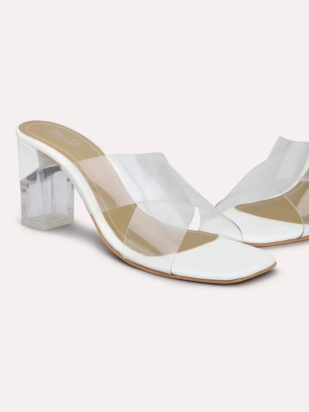 Women White Transparent Open Toe Block Heels