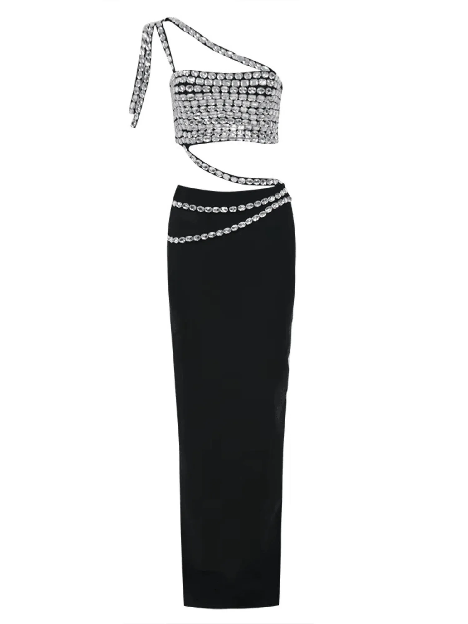 Women's 2-Piece Bodycon Sexy Long Asymmetrical Dress Big Crystal Fashion Nightclub Party Dress