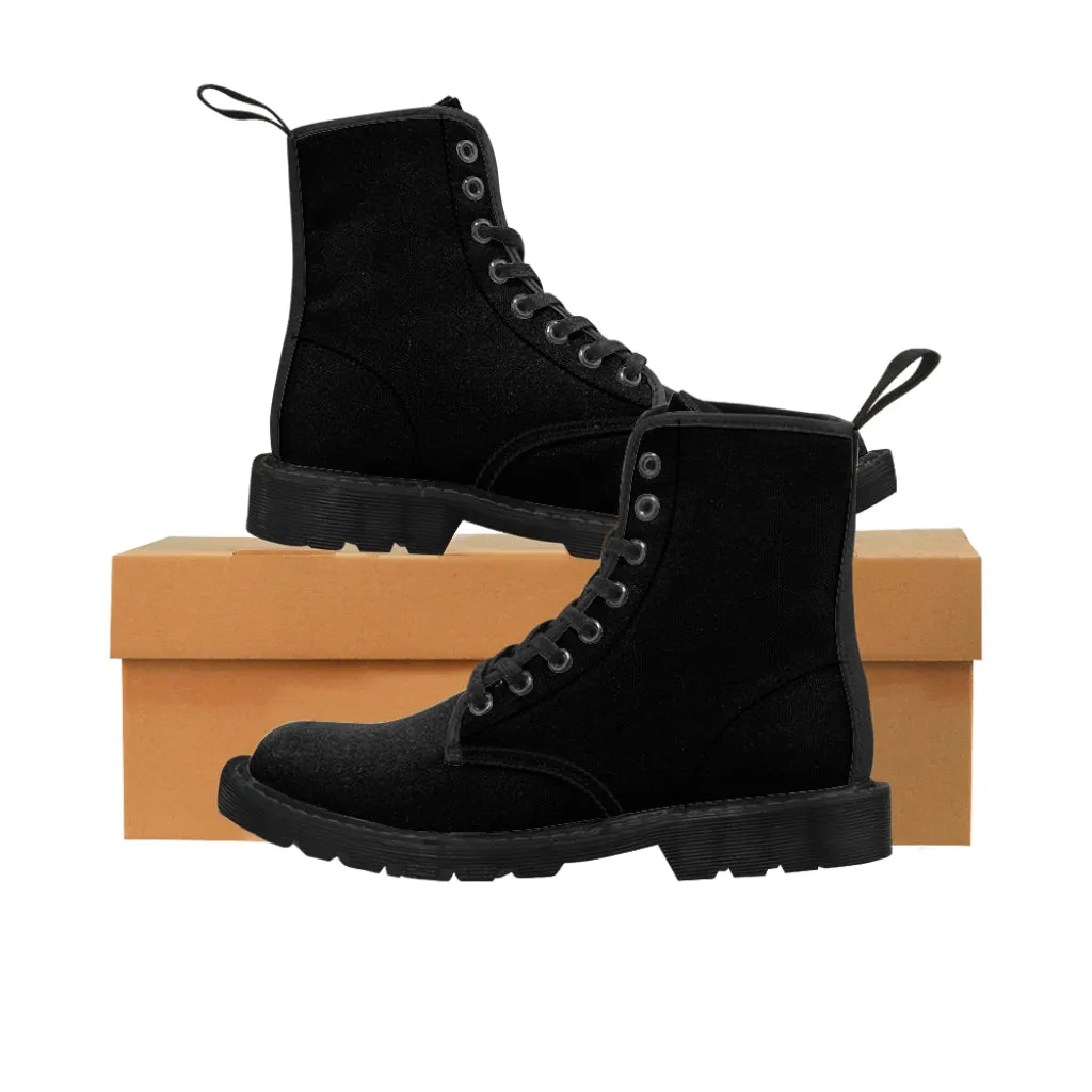 Women's Black Canvas Boots, Solid Color Modern Essential Best Premium Winter Boots For Ladies