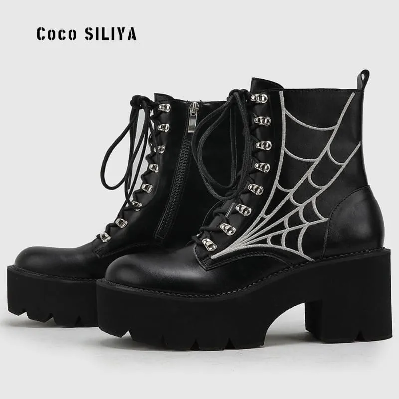 Women’s Cobweb Halloween Boots with Silver Spider Web Design