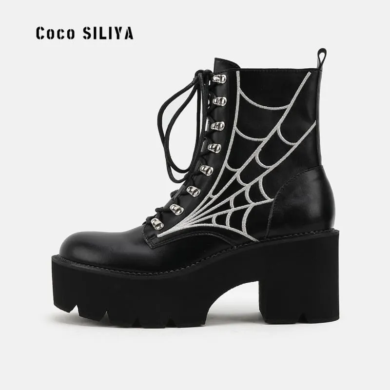 Women’s Cobweb Halloween Boots with Silver Spider Web Design