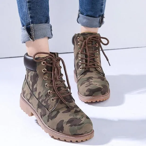 Women's combat boots lace-up ankle boots low heel casual short boots