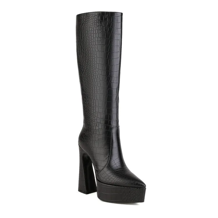 Women's Crocodile-Pattern Glossy Pointed Toe Spool Heel Platform Knee High Boots