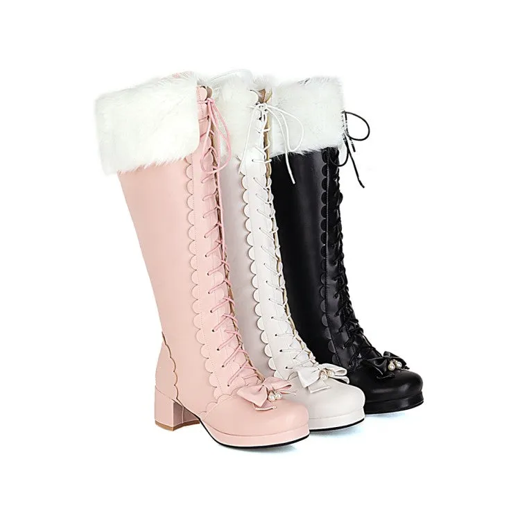 Womens' Fur Bow High Heels Knee High Snow Boots