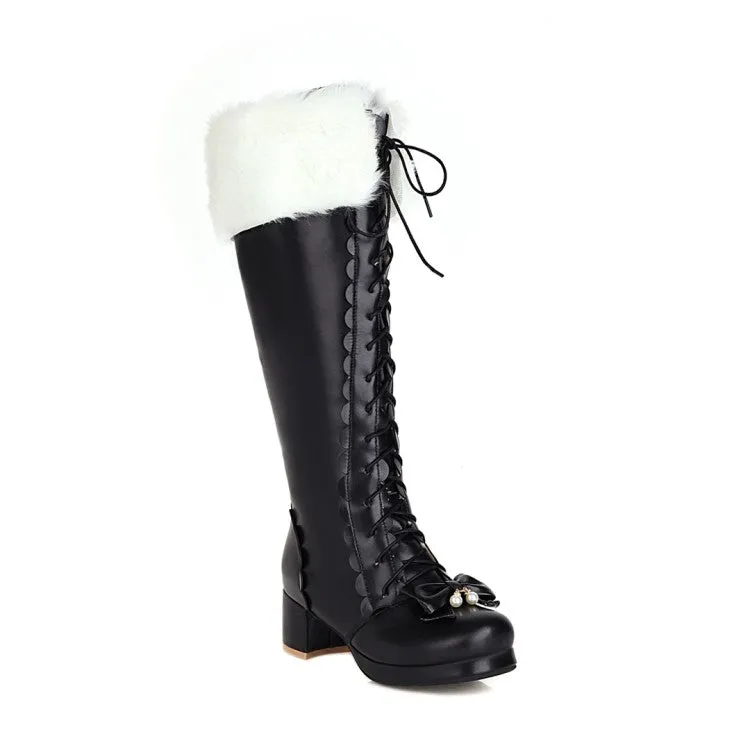 Womens' Fur Bow High Heels Knee High Snow Boots