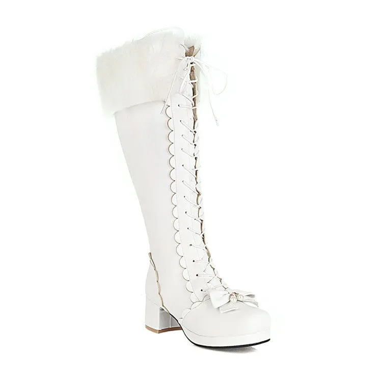 Womens' Fur Bow High Heels Knee High Snow Boots