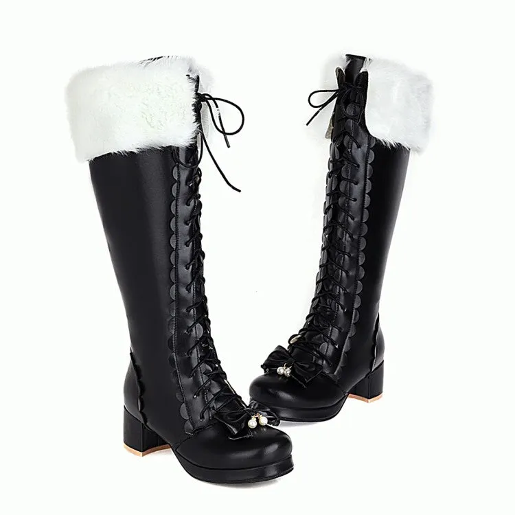 Womens' Fur Bow High Heels Knee High Snow Boots