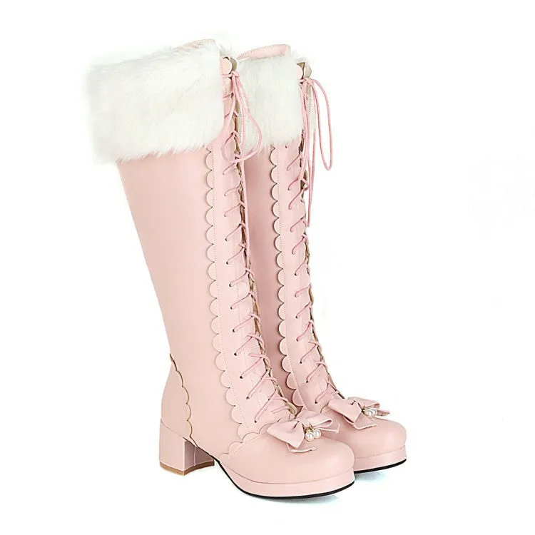 Womens' Fur Bow High Heels Knee High Snow Boots