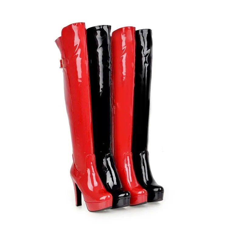 Women's Glossy Chunky Heel Platform Over the Knee Boots