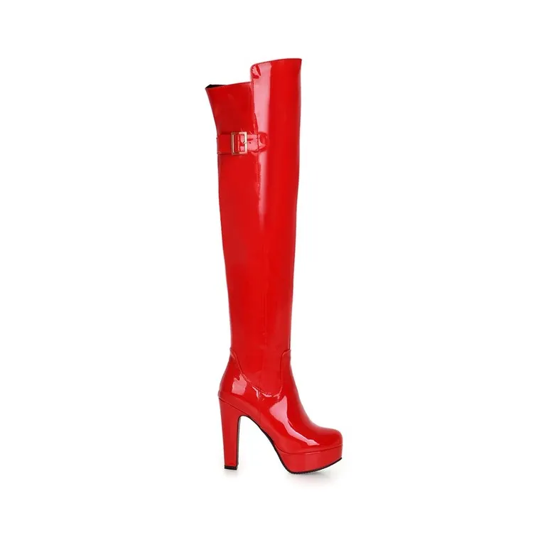 Women's Glossy Chunky Heel Platform Over the Knee Boots