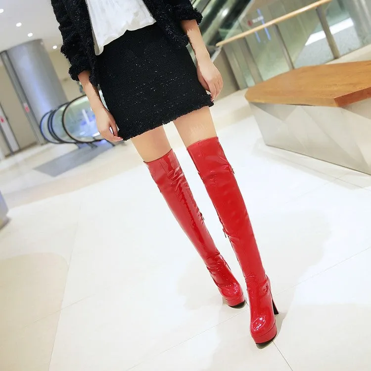 Women's Glossy Chunky Heel Platform Over the Knee Boots