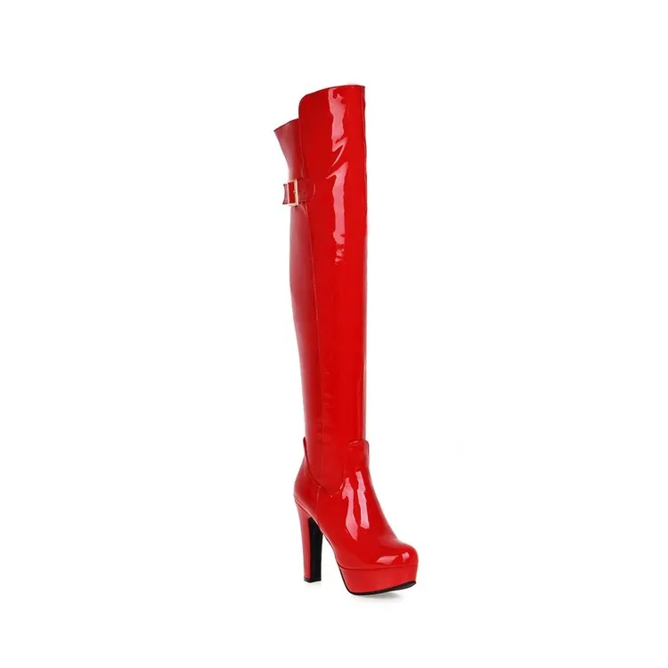 Women's Glossy Chunky Heel Platform Over the Knee Boots