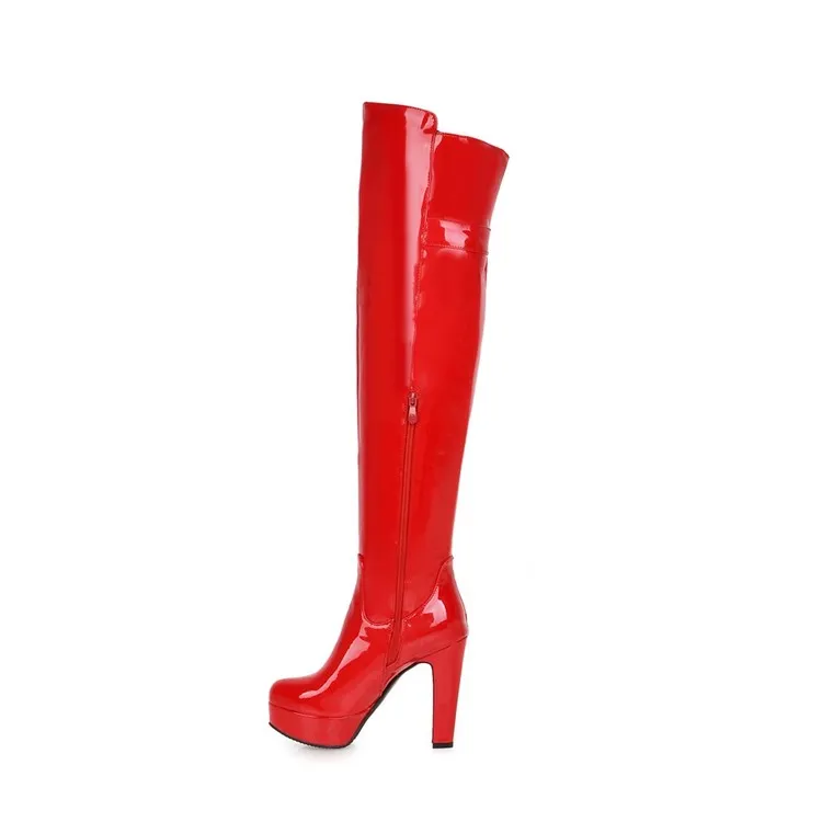 Women's Glossy Chunky Heel Platform Over the Knee Boots