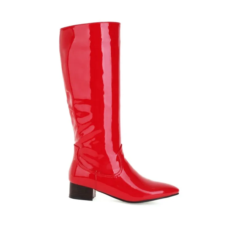 Women's Glossy Pointed Toe Puppy Heel Knee High Boots