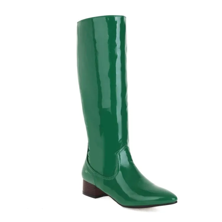 Women's Glossy Pointed Toe Puppy Heel Knee High Boots