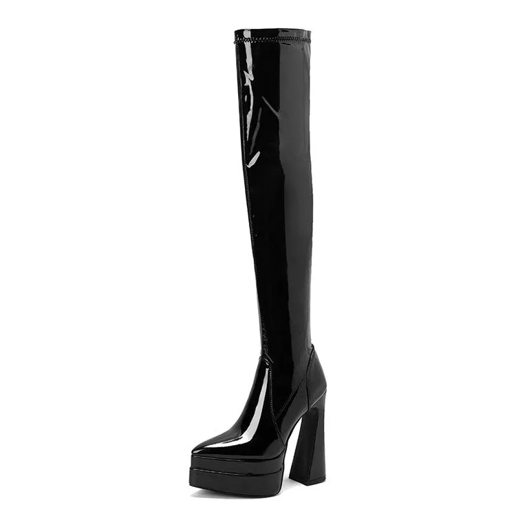 Women's Glossy Pointed Toe Side Zippers Chunky Heel Platform Over the Knee Boots