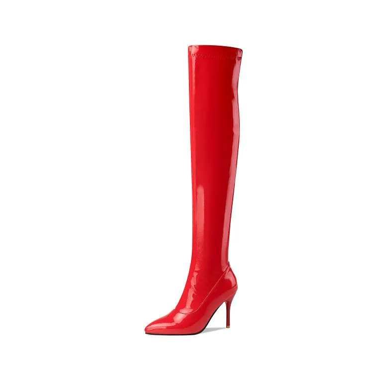 Women's Glossy Pointed Toe Side Zippers Stiletto Heel Over the Knee Boots