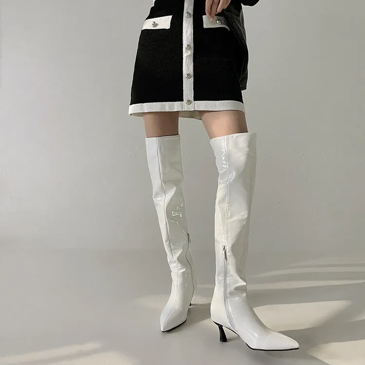 Women's Glossy Pointed Toe Side Zippers Stiletto Heel Over-the-Knee Boots