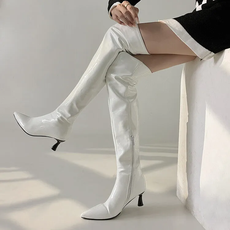 Women's Glossy Pointed Toe Side Zippers Stiletto Heel Over-the-Knee Boots