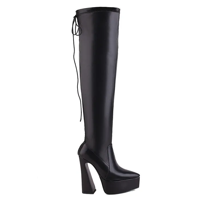 Women's Glossy Pointed Toe Spool Heel Platform Back Tied Straps Over the Knee Boots